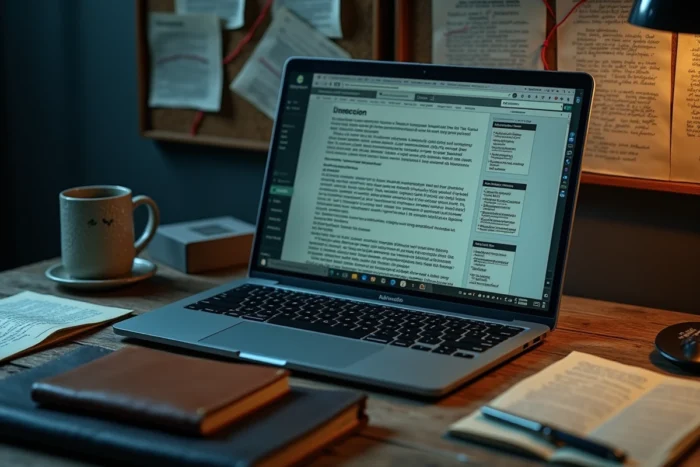 Ordinateur portable affichant un wiki du dark web posé sur un bureau avec un carnet de notes chiffré et une clé USB dans un espace de recherche clandestin